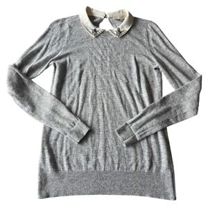 LOFT Womens XS Gray Embellished Collar Long Sleeve‎ Knit Pullover Sweater preppy